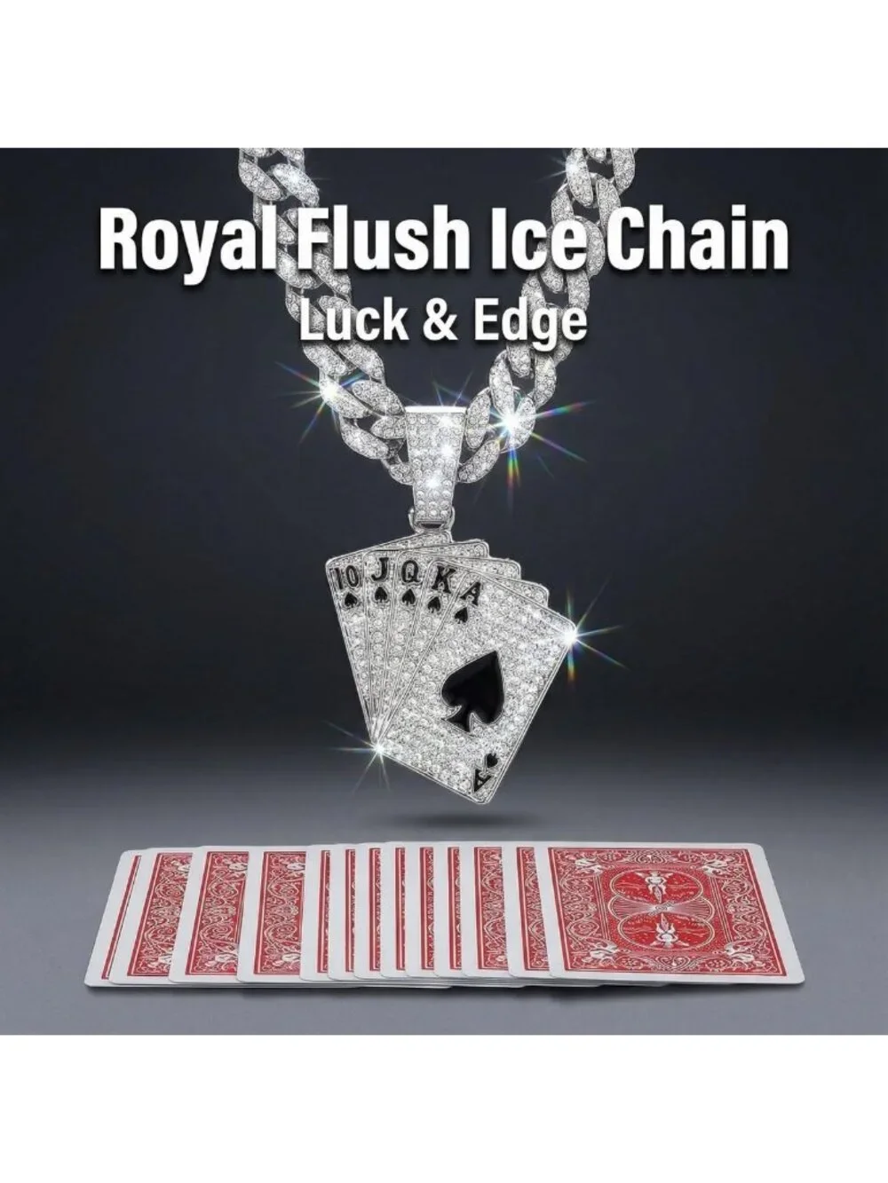 Iced Out Cuban Link Chain Necklace with Royal Flush Pendant, 20